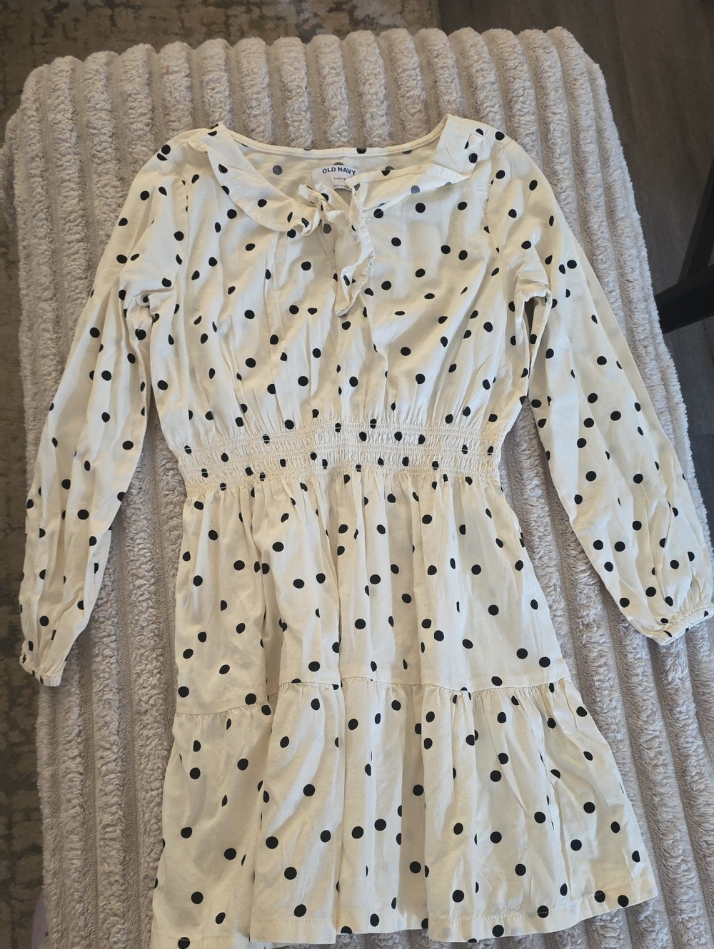 Old Navy Cream and Black Polka Dot Long-Sleeve Smocked Waist Dress